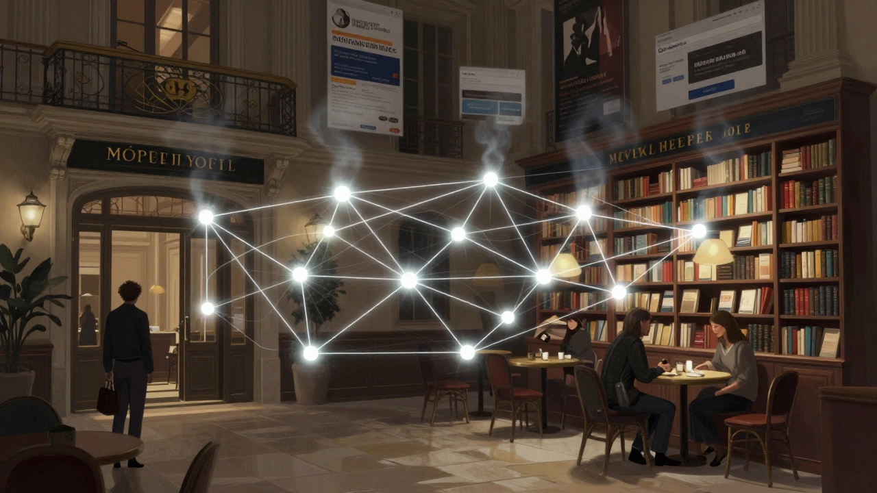 A conceptual network of trusted meeting spots in Paris, with fake ads fading away into smoke.