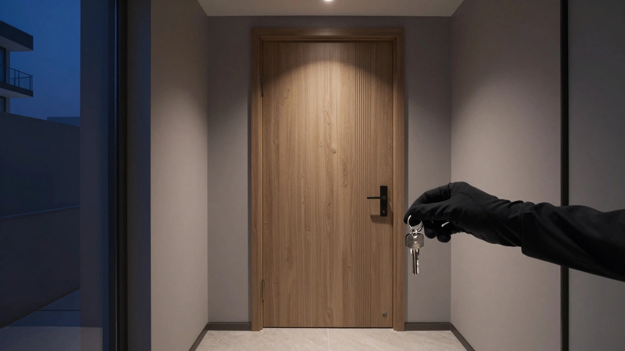 A discreet apartment entrance in Dubai at dusk, no advertising, just a key in hand, conveying privacy and trust.