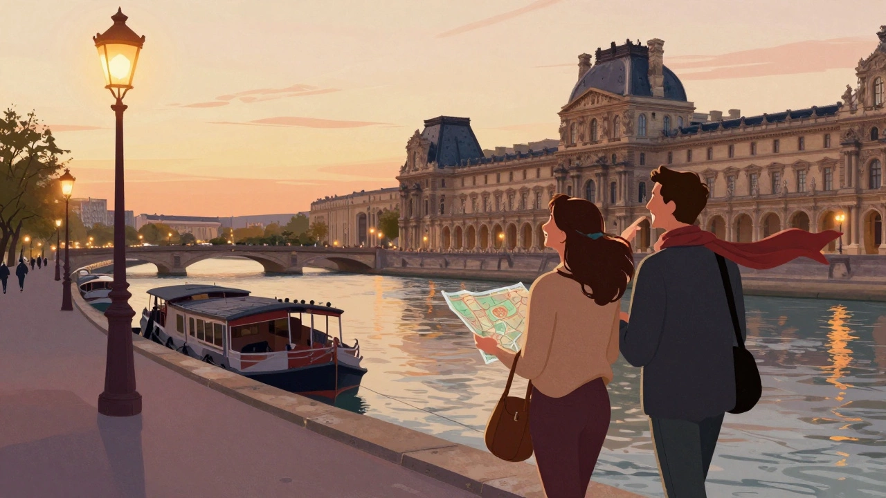 A man and woman walking along the Seine at dusk, pointing toward the Louvre with shared smiles.