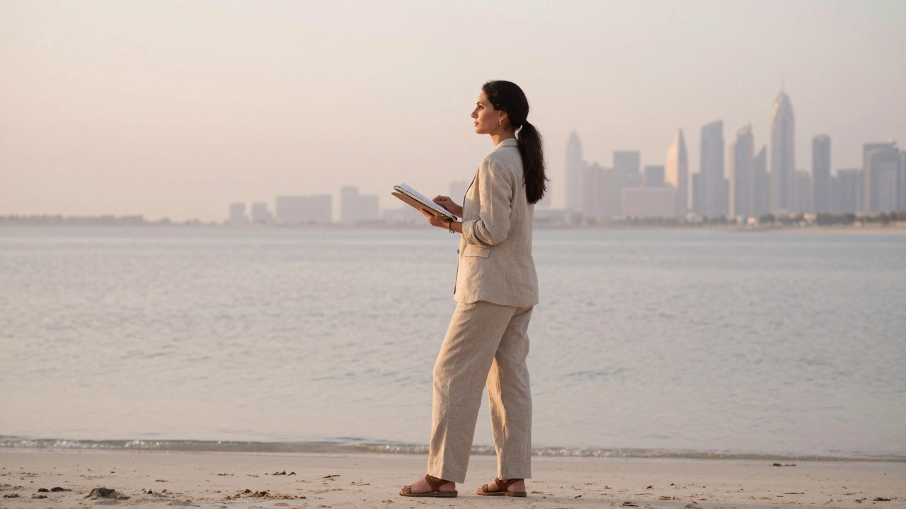 A woman standing alone on a Dubai beach at sunrise, holding a sketchbook, looking toward the horizon.
